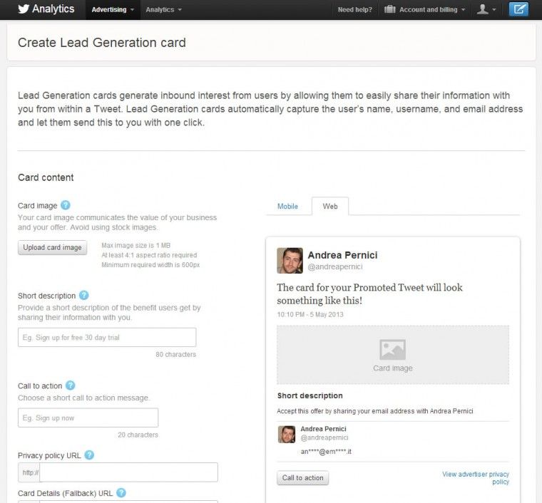 Crea lead generation card