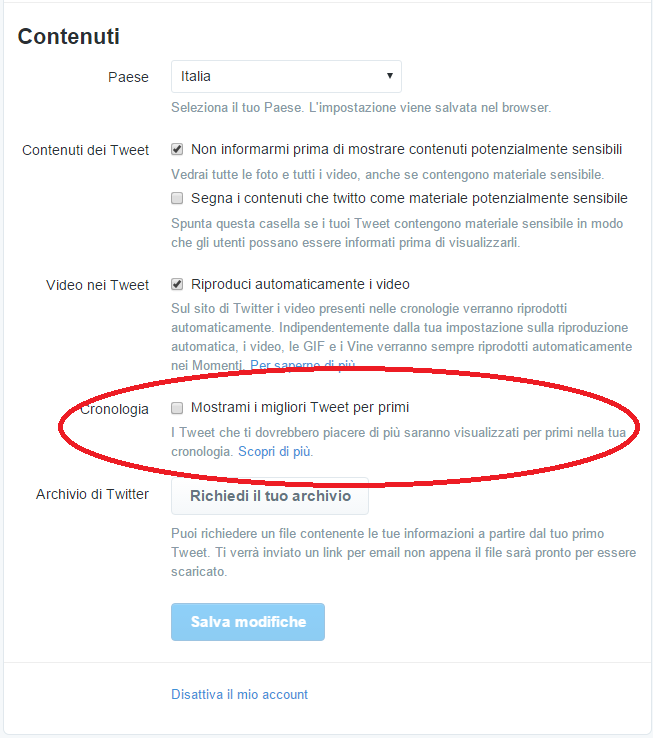 come cambiare le opzioni di Twitter