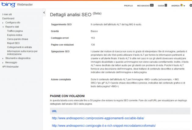 Dettagli analisi SEO bing wmt