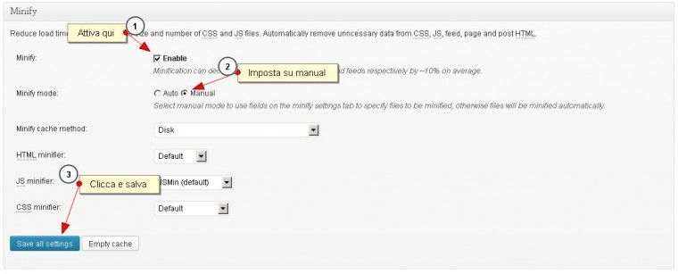 Attivazione minify su W3TC