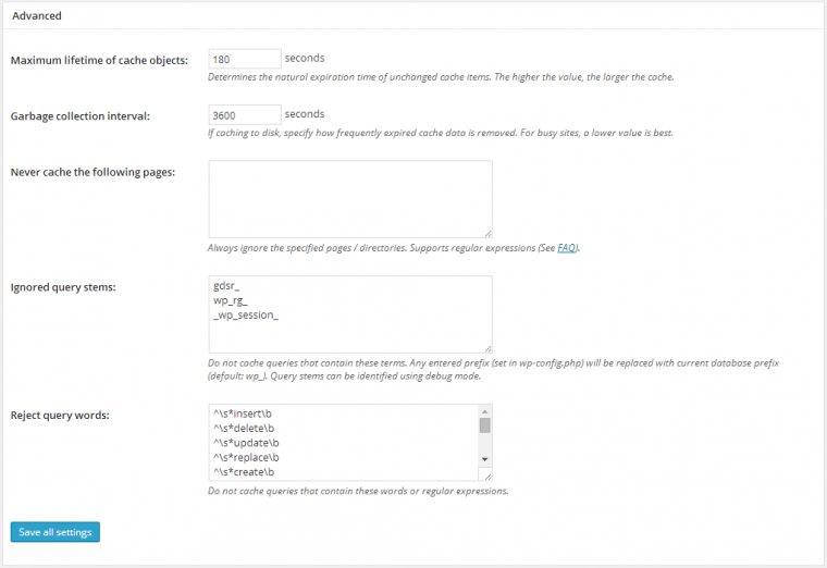 database cache dettaglio w3tc