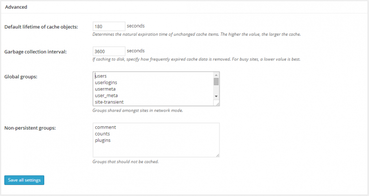 object cache dettaglio w3tc