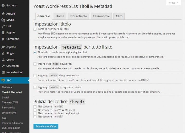 Titoli e Metadati: tab 1. Worpress SEO.