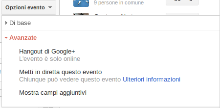 Google+ opzioni evento