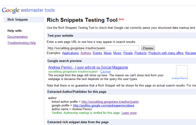 Webmaster Tools - Rich Snippets Testing Tool