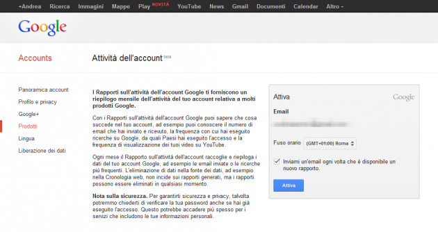 Attivazione Attività dell'account - Impostazioni account