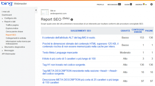 Report SEO Bing Webmaster Tools
