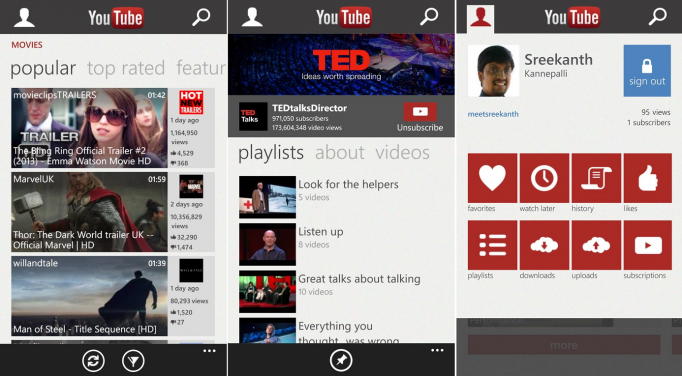 YouTube Windows Phone 8 Screens