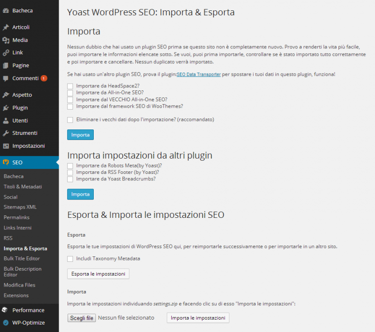 Importa esporta: WordPress SEO